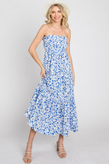 Blue Floral Strapless Ruffle Hem Midi Dress