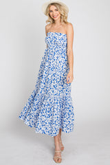 Blue Floral Strapless Ruffle Hem Midi Dress