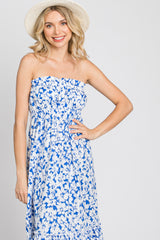 Blue Floral Strapless Ruffle Hem Midi Dress