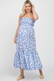 Blue Floral Strapless Ruffle Hem Maternity Midi Dress