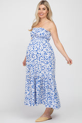 Blue Floral Strapless Ruffle Hem Maternity Midi Dress