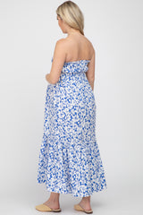 Blue Floral Strapless Ruffle Hem Maternity Midi Dress