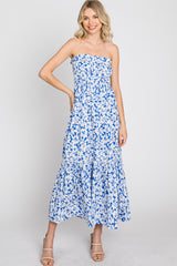 Blue Floral Strapless Ruffle Hem Midi Dress