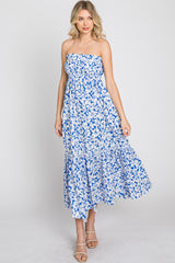 Blue Floral Strapless Ruffle Hem Midi Dress