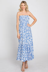 Blue Floral Strapless Ruffle Hem Midi Dress