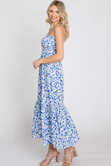 Blue Floral Strapless Ruffle Hem Midi Dress