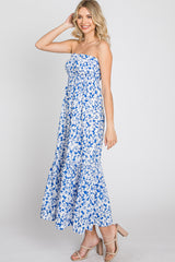 Blue Floral Strapless Ruffle Hem Midi Dress