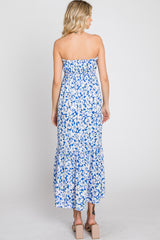 Blue Floral Strapless Ruffle Hem Midi Dress