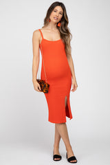 Orange Ribbed Fitted Side Slit Maternity Dress