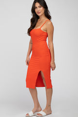 Orange Ribbed Fitted Side Slit Dress