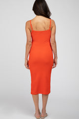 Orange Ribbed Fitted Side Slit Dress