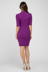 Purple 3/4 Sleeve Mock Neck Ribbed Fitted Silhouette Maternity Dress