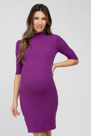 Purple 3/4 Sleeve Mock Neck Ribbed Fitted Silhouette Maternity Dress