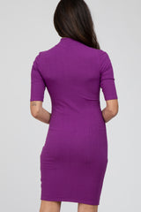 Purple 3/4 Sleeve Mock Neck Ribbed Fitted Dress