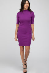 Purple 3/4 Sleeve Mock Neck Ribbed Fitted Dress