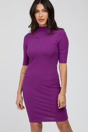 Purple 3/4 Sleeve Mock Neck Ribbed Fitted Dress