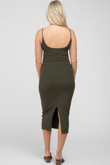 Olive Ribbed Maternity Midi Dress