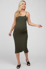 Olive Ribbed Maternity Midi Dress