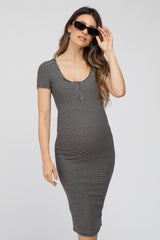 Black Striped Fitted Maternity Midi Dress