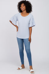 Light Blue Ruffle Sleeve Ribbed Top