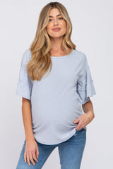 Light Blue Ruffle Sleeve Ribbed Maternity Top