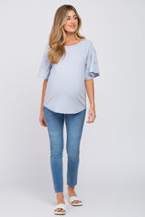 Light Blue Ruffle Sleeve Ribbed Maternity Top