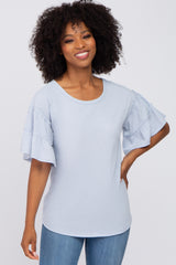 Light Blue Ruffle Sleeve Ribbed Maternity Top