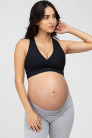 Black Ribbed Crossover Maternity Sports Bra