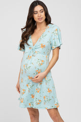 Blue Floral Short Sleeve Maternity Dress