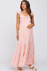 Pink Floral Ruffle Tiered Maternity Maxi Dress