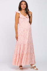 Pink Floral Ruffle Tiered Maternity Maxi Dress