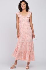 Pink Floral Ruffle Tiered Maternity Maxi Dress