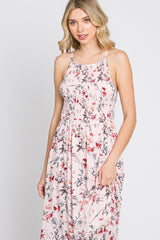 Pink Floral Chiffon Smocked Midi Dress