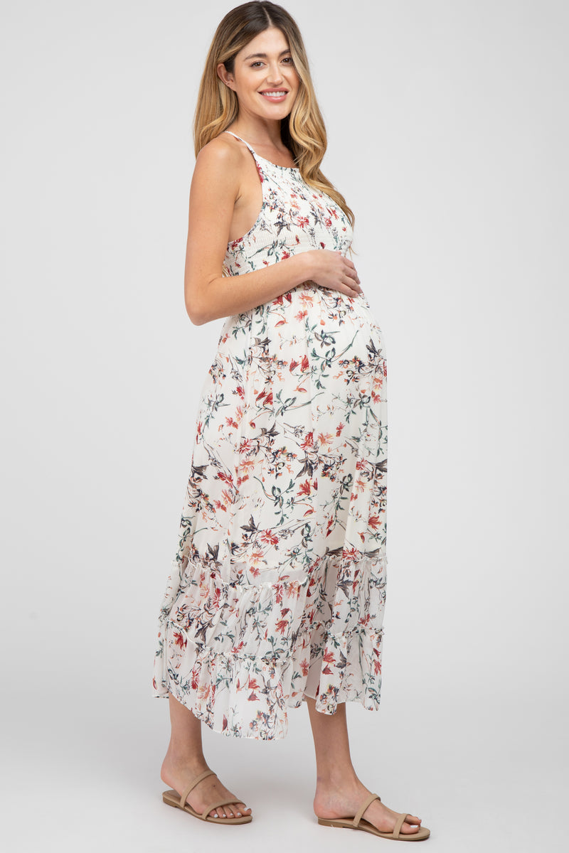 White Floral Chiffon Smocked Maternity Midi Dress– PinkBlush