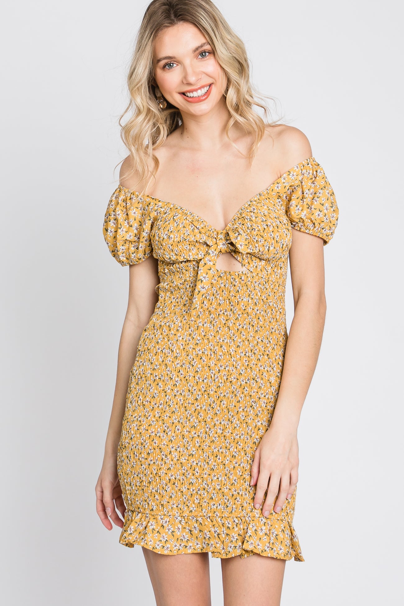 Yellow Floral Smocked Cutout Maternity Mini Dress– PinkBlush