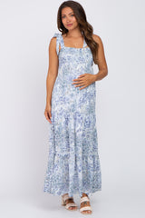 Blue Floral Smocked Tiered Maternity Maxi Dress