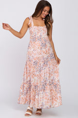 Peach Floral Smocked Tiered Maternity Maxi Dress