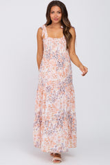 Peach Floral Smocked Tiered Maternity Maxi Dress