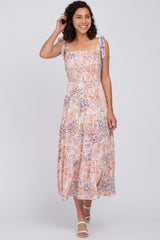 Peach Floral Smocked Tiered Maternity Maxi Dress