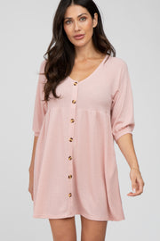 Pink Button Accent 3/4 Sleeve Dress