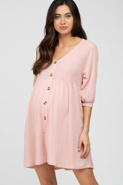 Pink Button Accent 3/4 Sleeve Maternity Dress