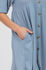 Blue Button Accent 3/4 Sleeve Dress