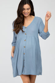 Blue Button Accent 3/4 Sleeve Maternity Dress