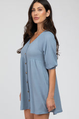 Blue Button Accent 3/4 Sleeve Dress