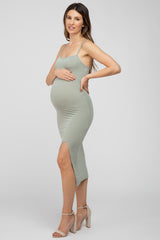 Light Olive Cutout Side Slit Maternity Midi Dress