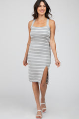 Heather Grey Striped Side Slit Midi Dress