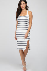 White Striped Side Slit Maternity Midi Dress