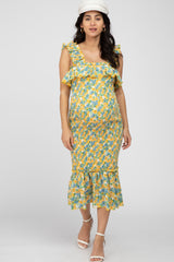 Yellow Multi Color Floral Smocked Fitted Maternity Midi Dress