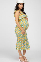 Yellow Multi Color Floral Smocked Fitted Maternity Midi Dress