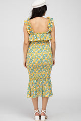 Yellow Multi Color Floral Smocked Fitted Maternity Midi Dress